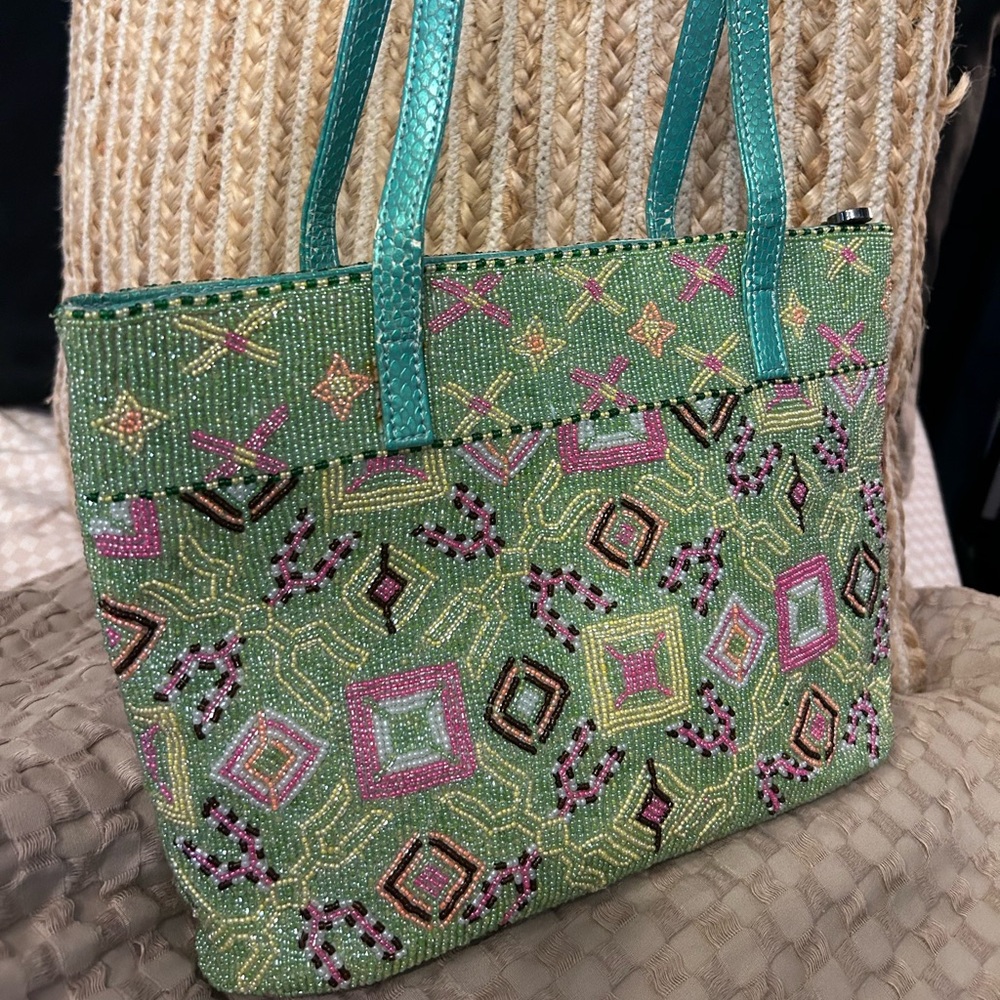 Fendi Green and Pink Beaded Shoulder Bag